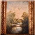 A36. Unsigned river scene landscape oil painting on masonite board. 13" x 19" 